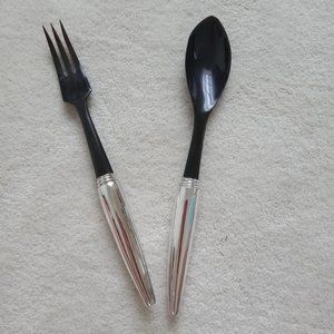 Silverplate and horn salad servers -- fork and spoon - NEVER USED